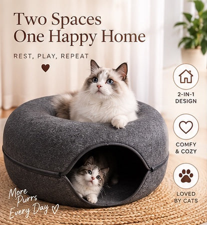 The Donut Den — 2-in-1 Felt Cat Tunnel Bed & Donut Nest for Cats 🐱🍩