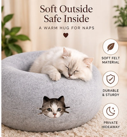 The Donut Den — 2-in-1 Felt Cat Tunnel Bed & Donut Nest for Cats 🐱🍩