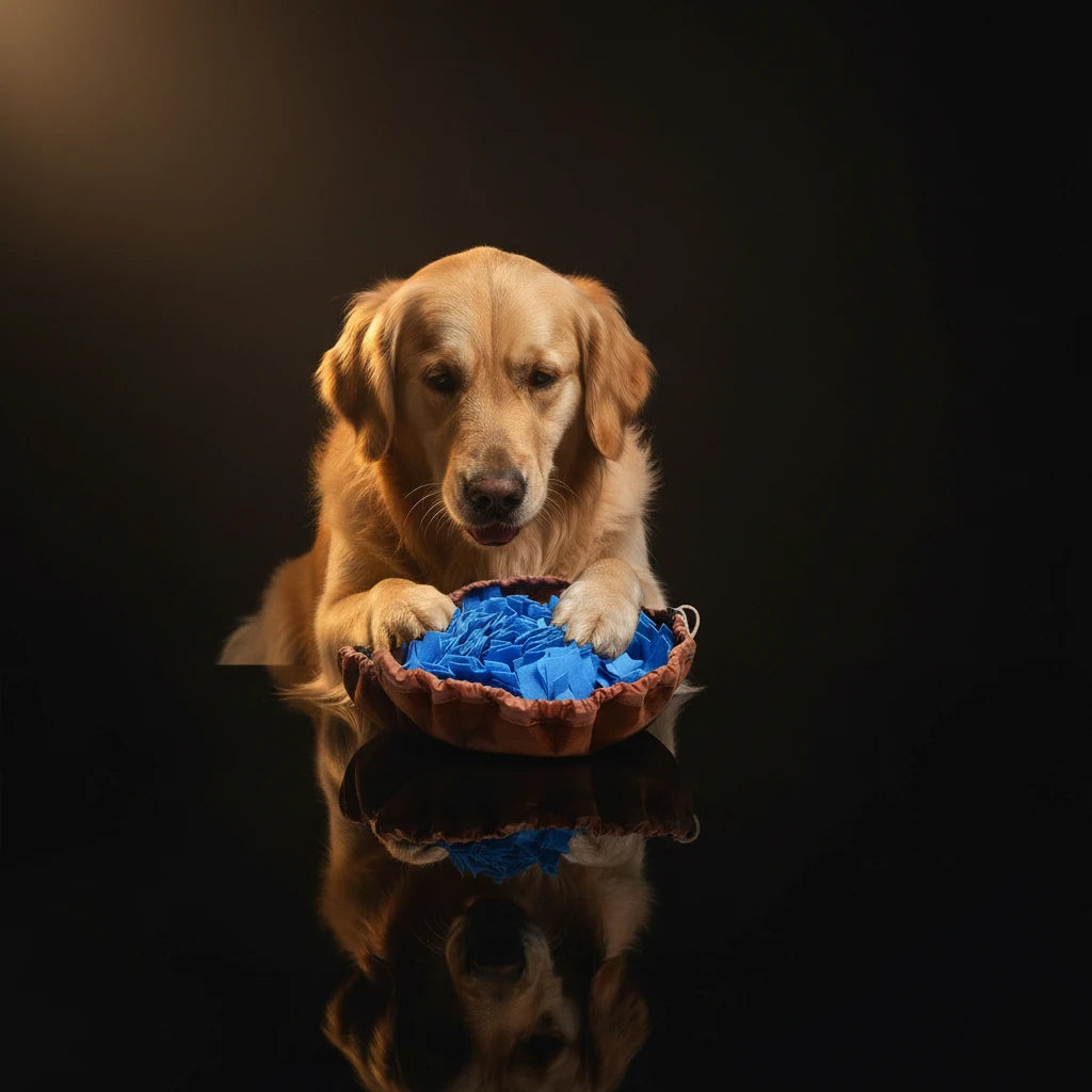 Dog with a brown and blue puzzle toy
