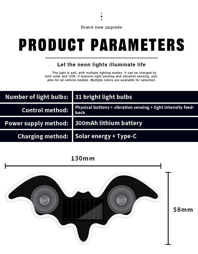 The Bat Signal — Solar Powered Bat LED Neon Atmosphere Light for Your Car 🦷💜