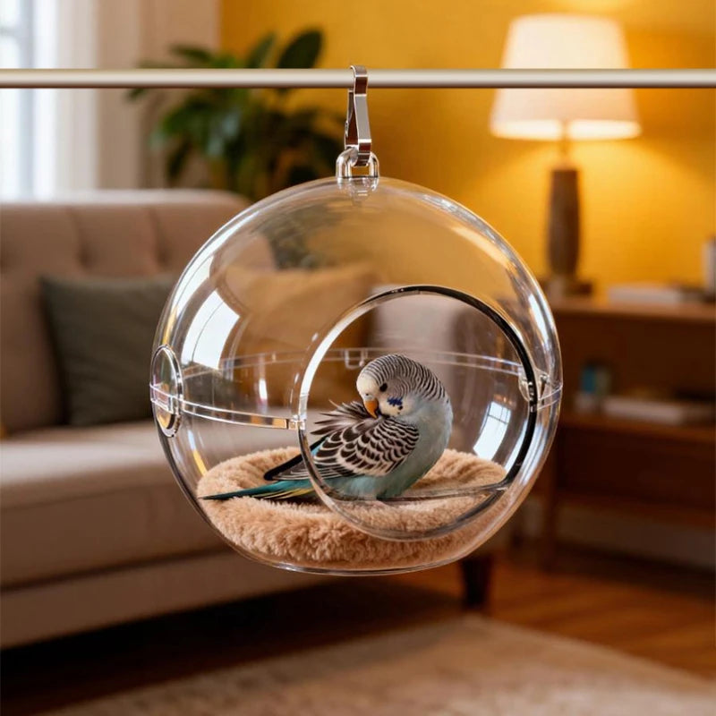 The Crystal Nest — Transparent Hanging Bird House for Parakeets & Small Parrots 🦜✨