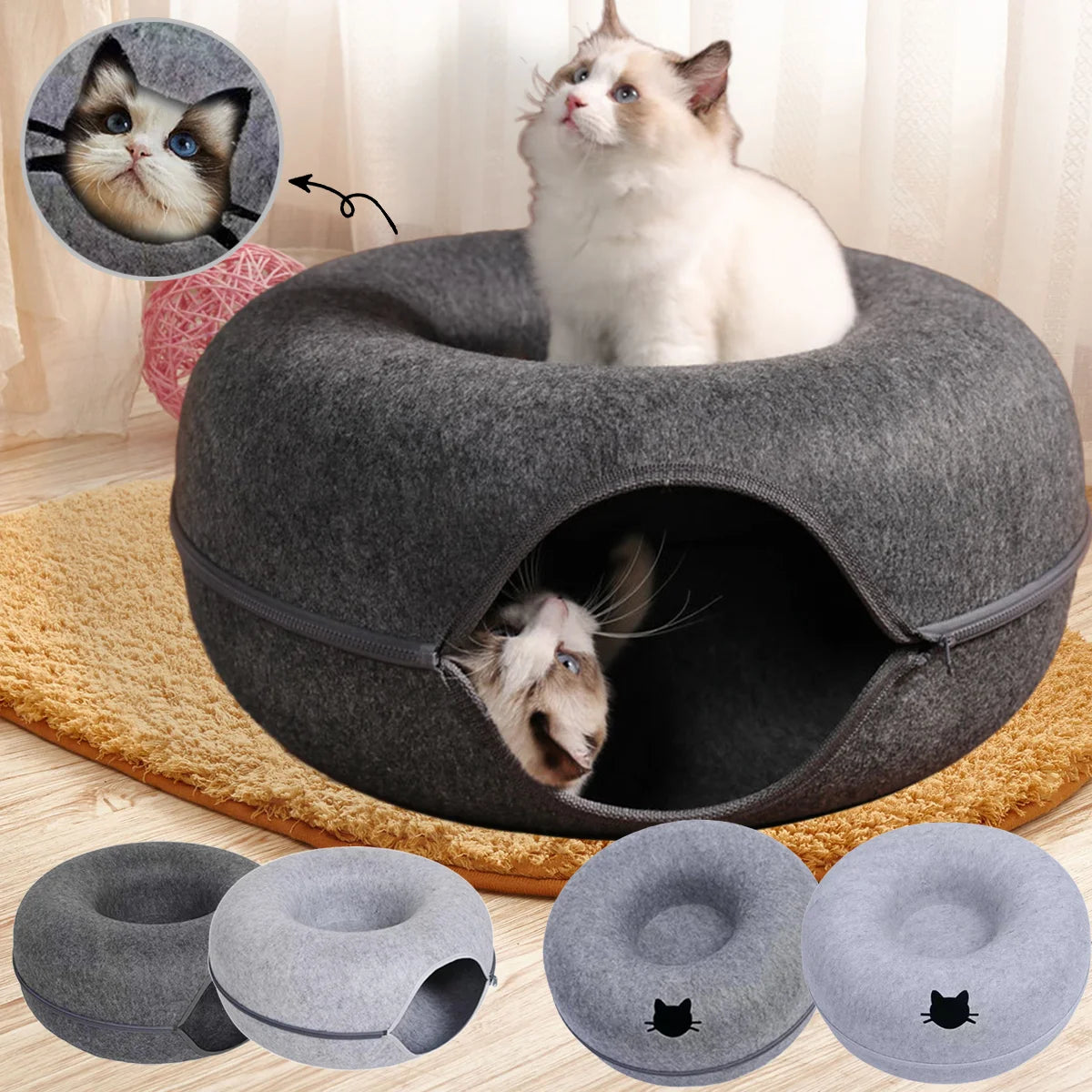 The Donut Den — 2-in-1 Felt Cat Tunnel Bed & Donut Nest for Cats 🐱🍩
