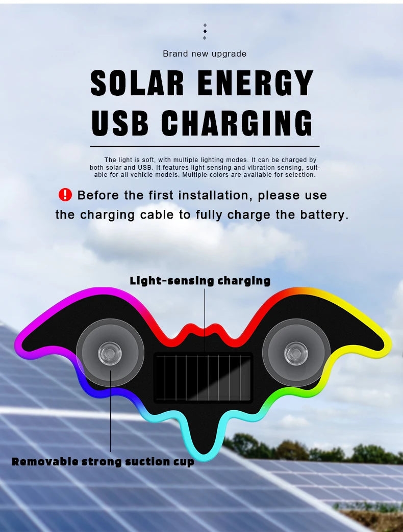 The Bat Signal — Solar Powered Bat LED Neon Atmosphere Light for Your Car 🦷💜