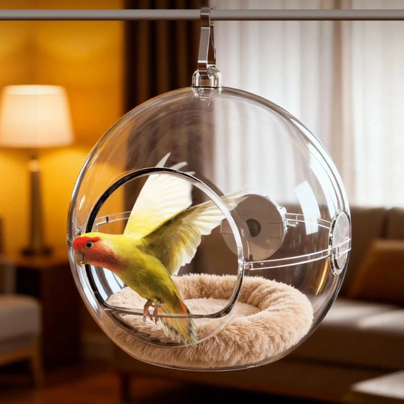 The Crystal Nest — Transparent Hanging Bird House for Parakeets & Small Parrots 🦜✨